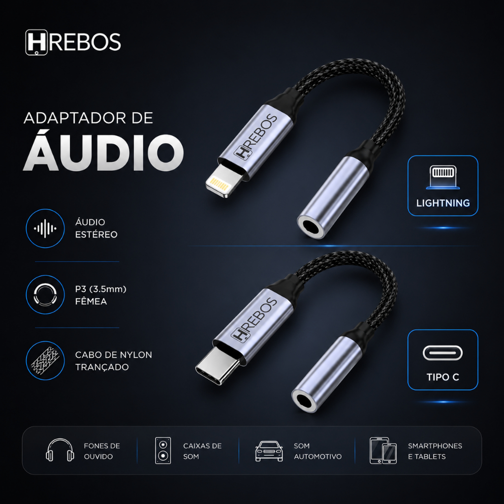 Adaptador de Audio Fone P3 P2 3.5mm Tipo C Lightning Premium Reforçado Auxiliar 3.5mm