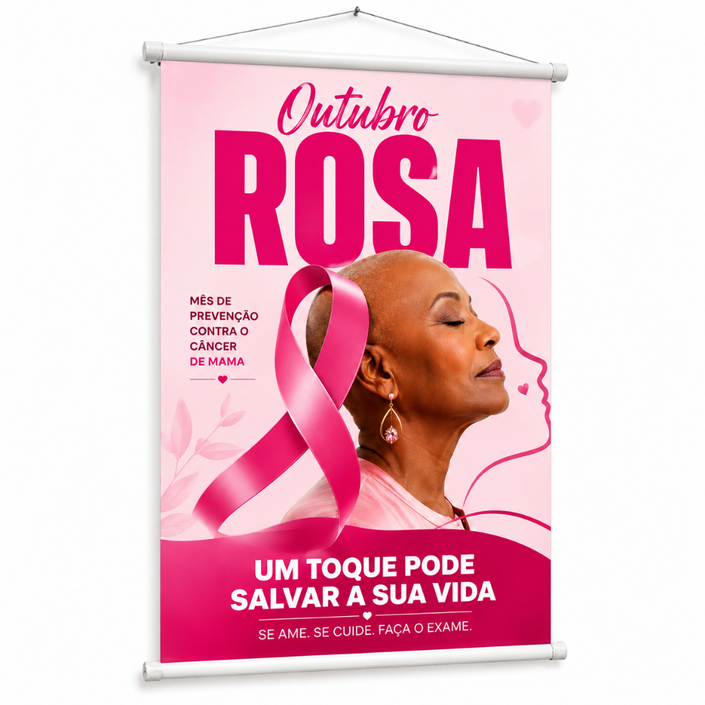 Banner Outubro Rosa Câncer De Mama Campanha Preventiva produzido em lona. Cartaz Conscientização Evento Hospital Pub1093