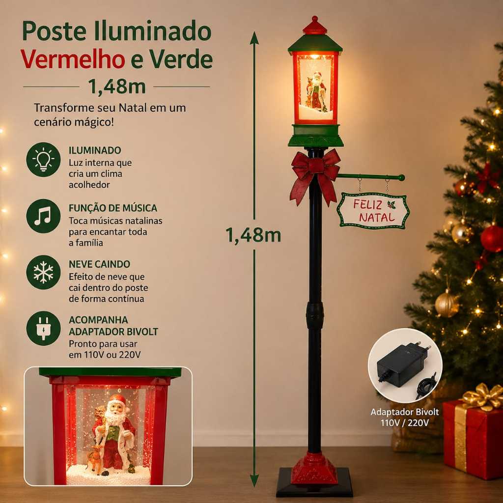 POSTE ILUMINADO NATALINO 1,48M PAPAI NOEL COM MÚSICA NEVE E ADAPTADOR BIVOLT