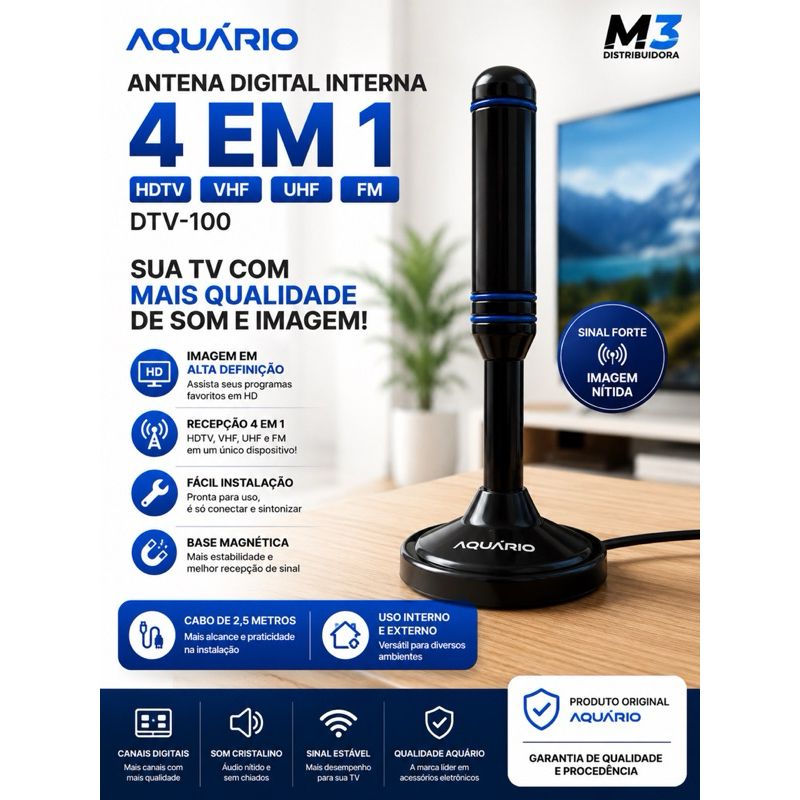 Antena Para TV Digital Interna Aquário DTV-100 Sinal HDTV 4K UHF FM
