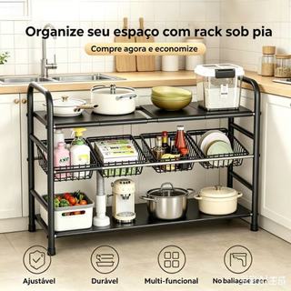 Prateleira multifuncional para pia de cozinha design em camadas suporte para panelas diversos modelos para organizar ute