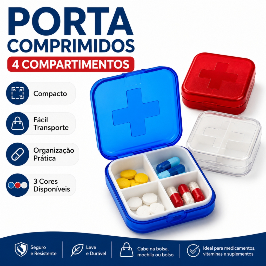 Organizador Porta Comprimidos 4 Divisórias Compartimentos Caixa Remédio Medicamentos Suplementos Dia Kit 1 2 3