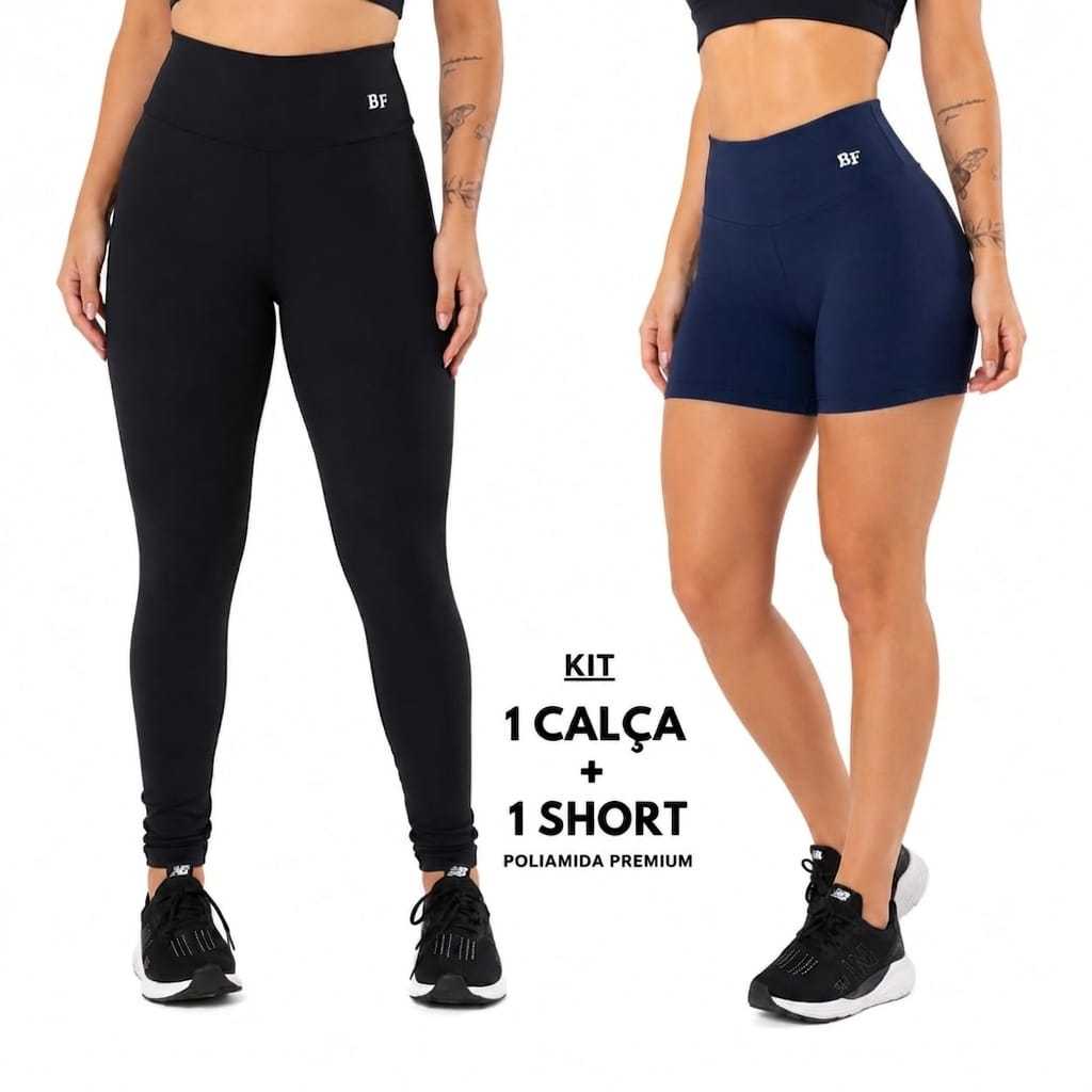 KIT 2 PEÇAS CALÇA LEGGING+SHORT FEMININO ACADEMIA FITNESS POLIAMIDA ZERO TRANSPARENCIA