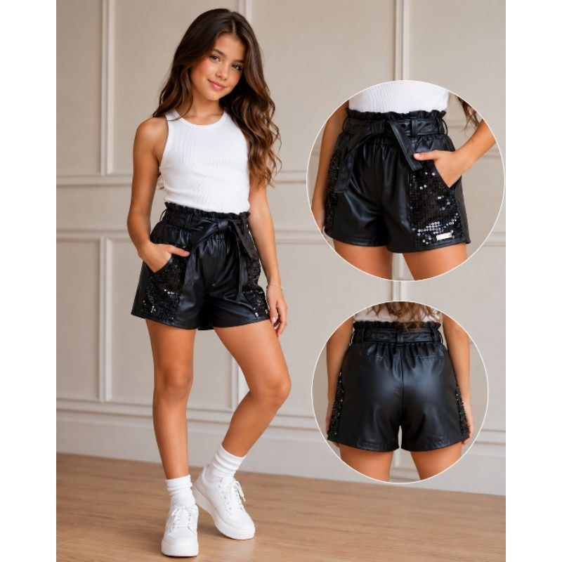 Shortinho menina couro Infantil confortável moda mini diva