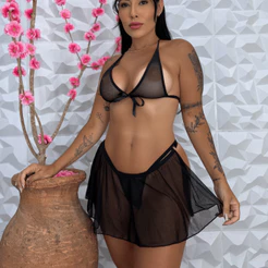 Conjunto Lingerie Sensual Feminina Sainha Sutiã e Calcinha de Tule Fantasia Sexy