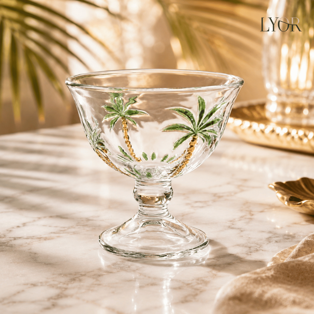 Jogo 6 Taças para Sorvete 180ml Palm Hand - Lyor / Sobremesa Vidro Decorado Mesa Posta Luxo