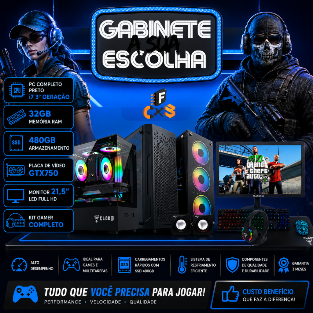Pc Completo Preto i7 3° 32gb, Ssd 480gb, Placa de Video Gtx750 + Monitor 21,5 + Kit Gamer