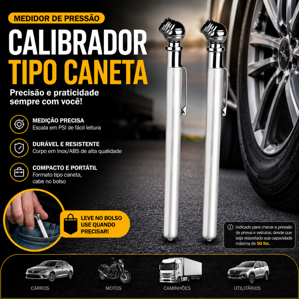 Medidor Calibrador de Pressão 50 Ibs Pneu Moto Carro Bike Tipo Caneta Ar Calibragem