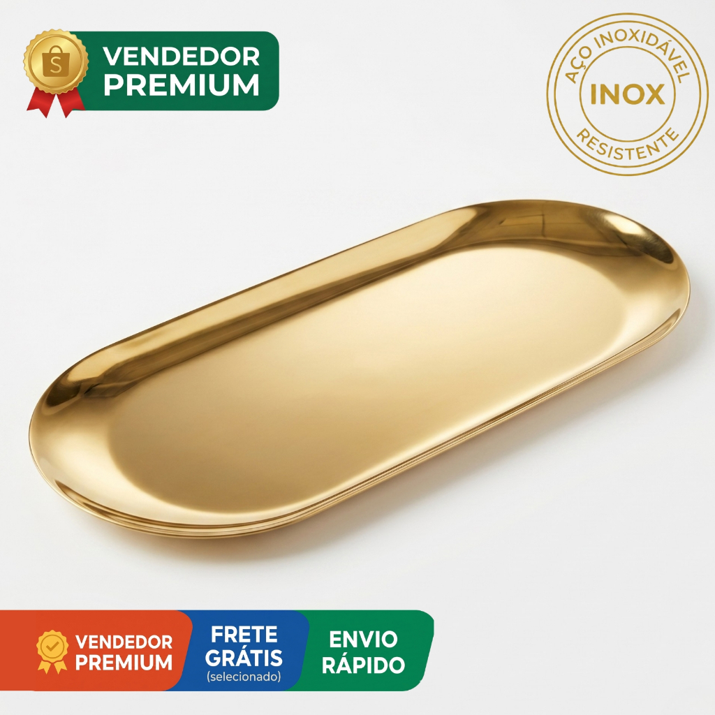 Bandeja Dourada Decoração Aço Inox Inoxidável Resistente Oval Espelhada Banheiro Cozinha Decorar