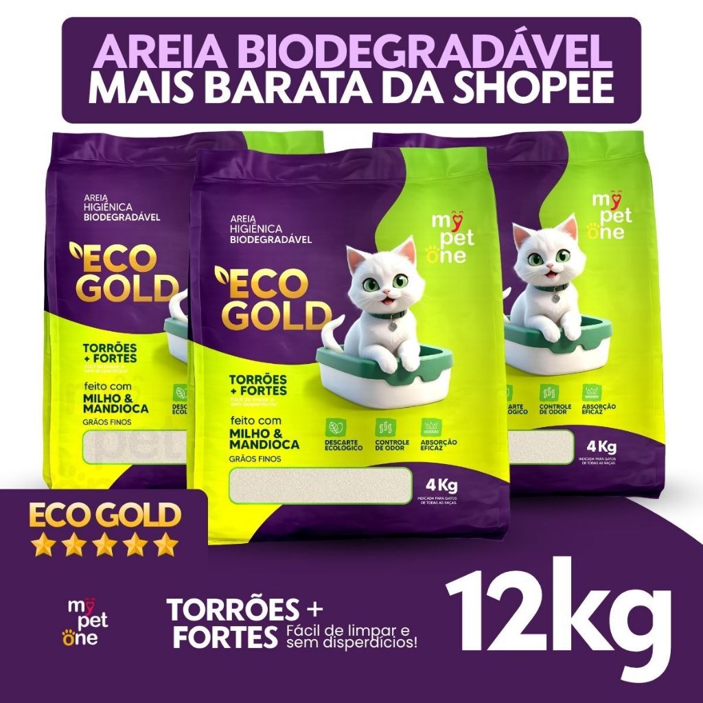 Kit 3 Areia Eco Gold Biodegradável Fina MyPetOne 4Kg