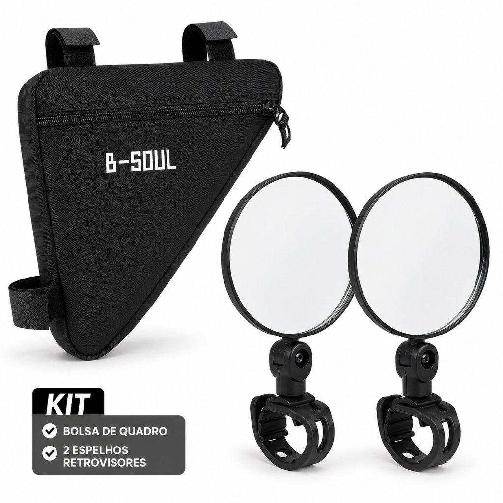 Kit Acessórios Bike Bolsa Triangular Quadro Com Par De Retrovisor Redondo Espelho Bicicleta Ciclismo