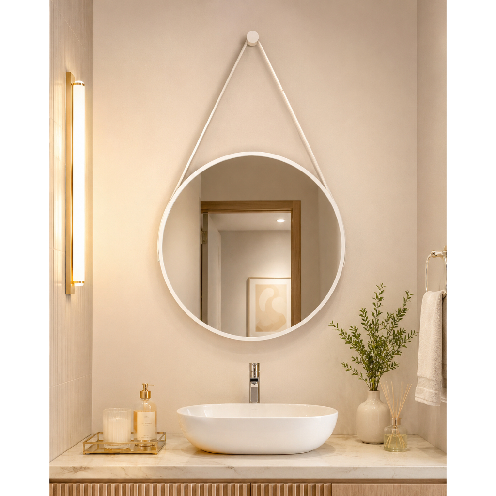 Espelho Decorativo Redondo Adnet 40cm com Alça de Couro Ecológico e Suporte  Banheiros Sala Quarto