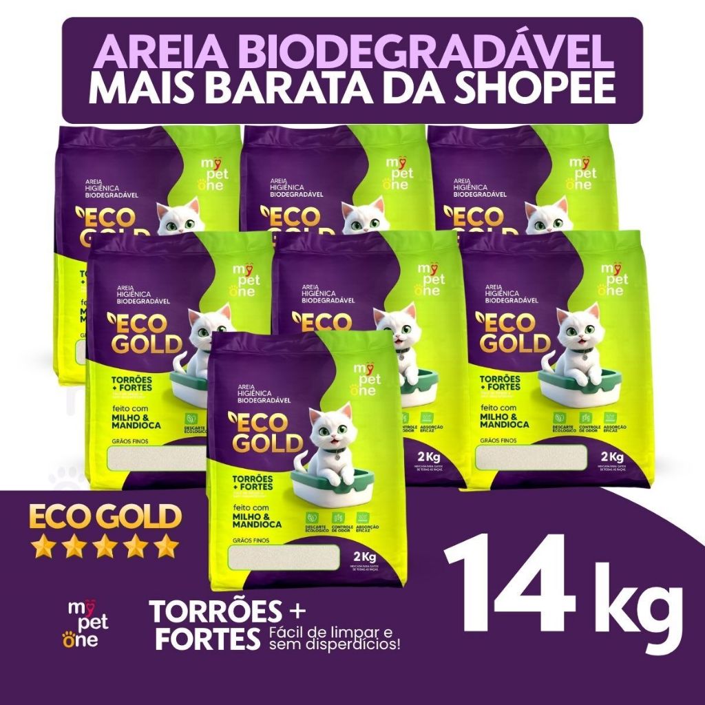 Kit 7 Areia Biodegradável Gatos Eco Gold Fina MyPetOne - 14Kg