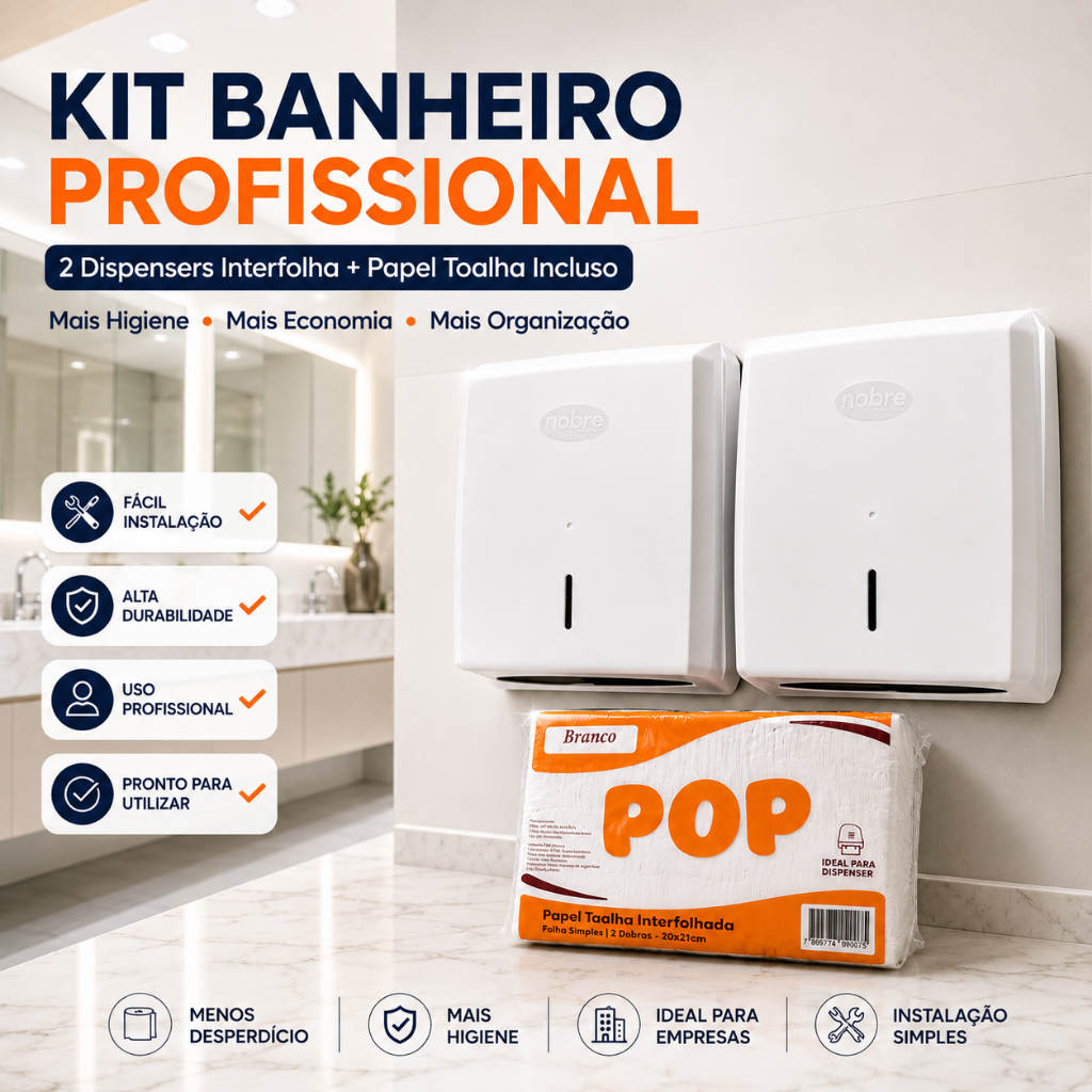 Kit 2 Dispenser Papel Toalha Banheiro Profissional Nobre + Papel Toalha Interfolhado