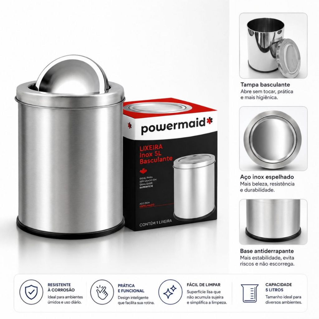 Lixeira Inox 5 litros Tampa Basculante Removível base antiderrapante Powermaid