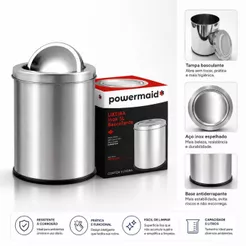 Lixeira Inox 5 litros Tampa Basculante Removível base antiderrapante Powermaid