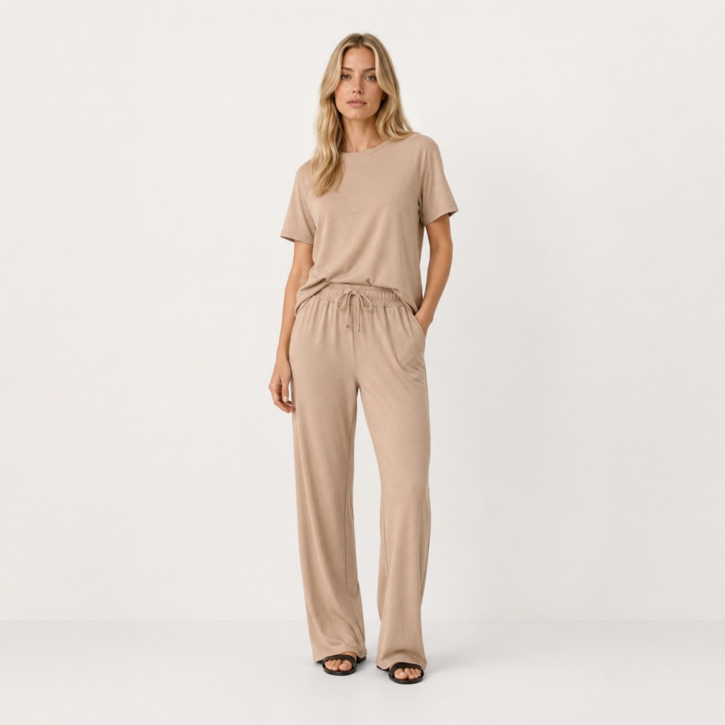 Conjunto Feminino Casual Calça Wide Leg e Blusa Manga Curta Conjunto Soltinho Confortável