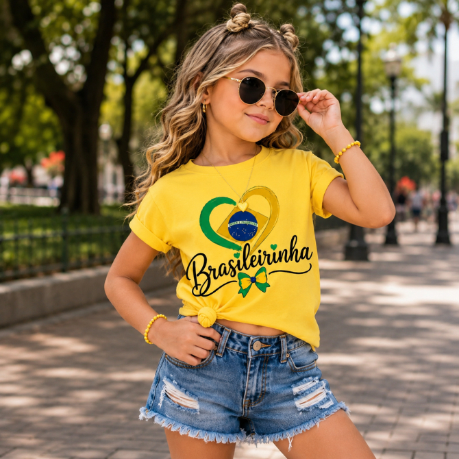 Camiseta Menina Menino Brasileirinha Blogueirinha Estampada Dry Fit Amarela Estilosa Infantil Leve