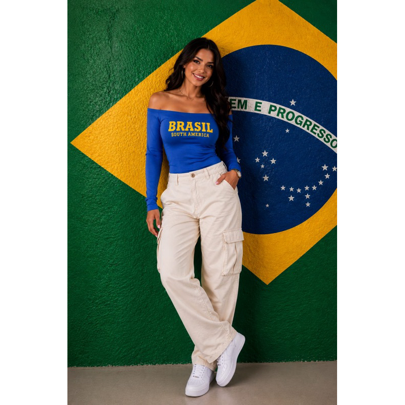 Body Ombro a Ombro Manga Comprida Longa Blusa Feminina Elegante Body Ciganinha Suplex Copa Brasil South America