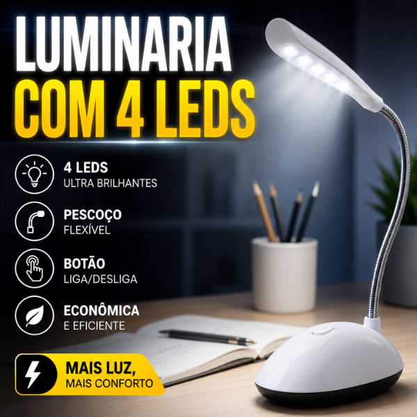 Luminária de Mesa Flexível Sem Fio 4 LEDs Portátil a Pilha