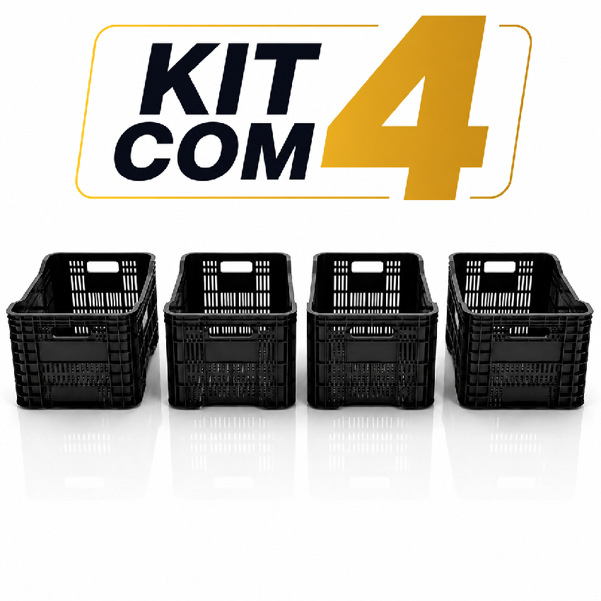 Kit 4 Caixa Plástica Preta Hortifruti Mercado Organizadora Frutas Legumes Resistente Empilhável Ombreira