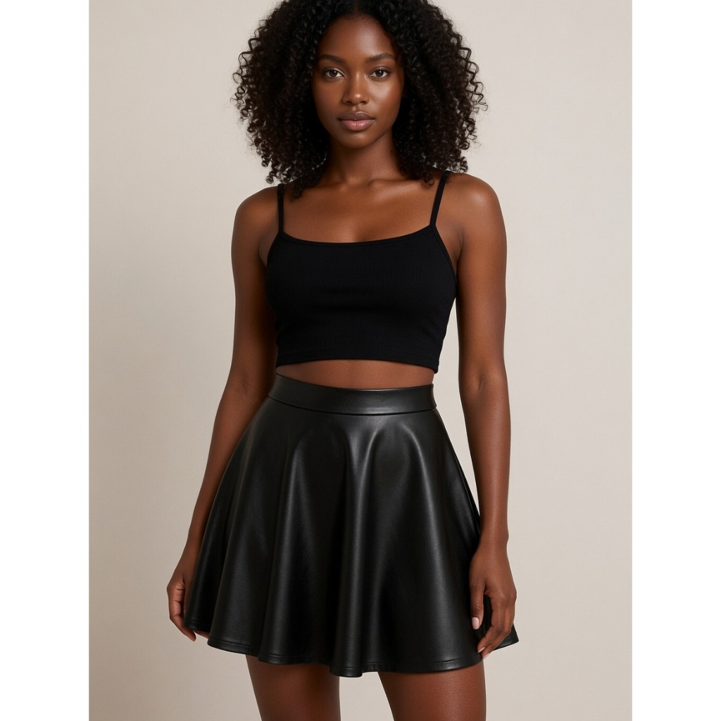 Saia Feminina Gode em Couro Sintético Fake PU– Saia Rodada Moda Casual (P M G) Casual Dia Dia