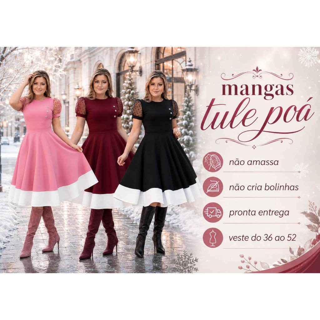 Vestido Social Moda Evangélica Cristã  Tule Rodado Evasê Midi manga de Tule fardamentos Evangélicos