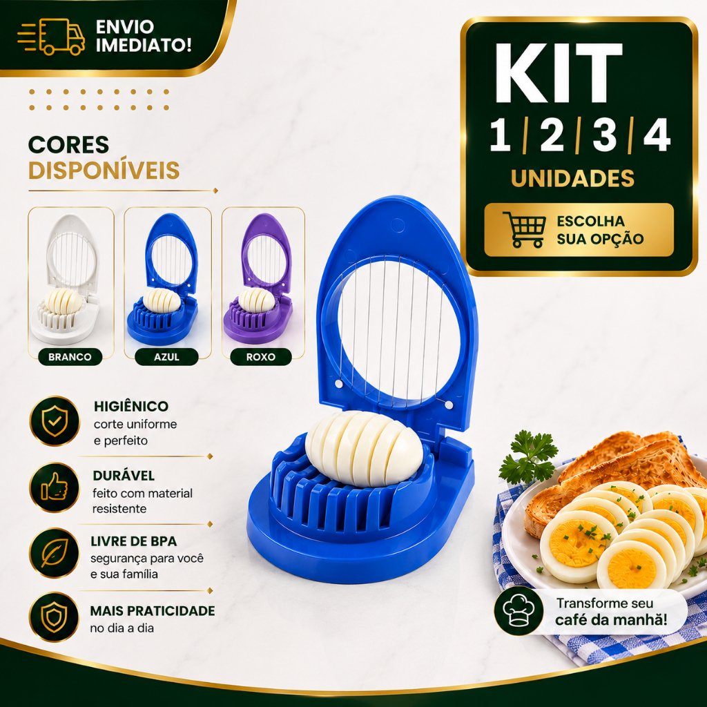 Fatiador de Ovo Manual 1/2/3/4 Compacto Porta Ovos Corte Uniforme Cozinha Premium Compacto