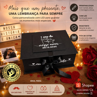 Caixa Para Presente Cartonada Personalizada Flork com Frases + Fotos + Palhas Decorativas + LED