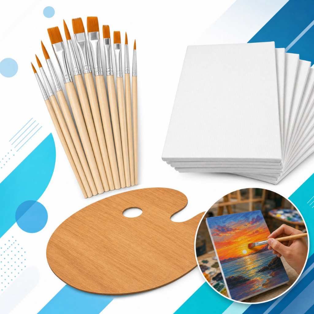 Kit Pintura Completo 12 Pincéis + Paleta Madeira + 10 Telas 10x15cm Artesanato