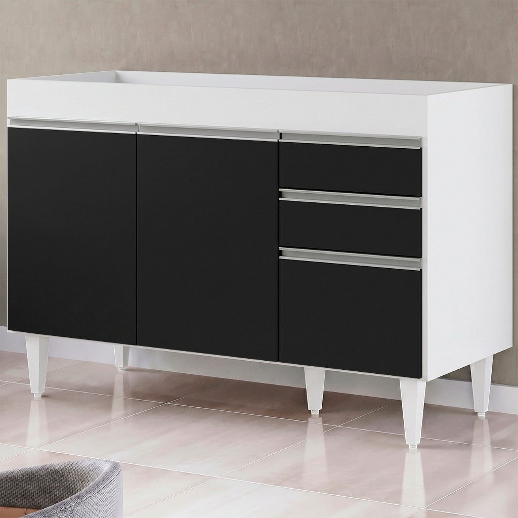 Balcão Gabinete Para Pia 120cm sem Tampo 3 Portas 2 Gavetas Michigan Branco/Preto - Lumil
