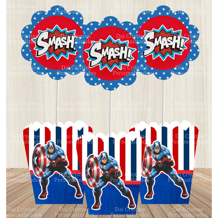 kit Centro de Mesa Personalizado Caixa Cachepot  Capitão America  Menino Cachepô Enfeite Arranjo