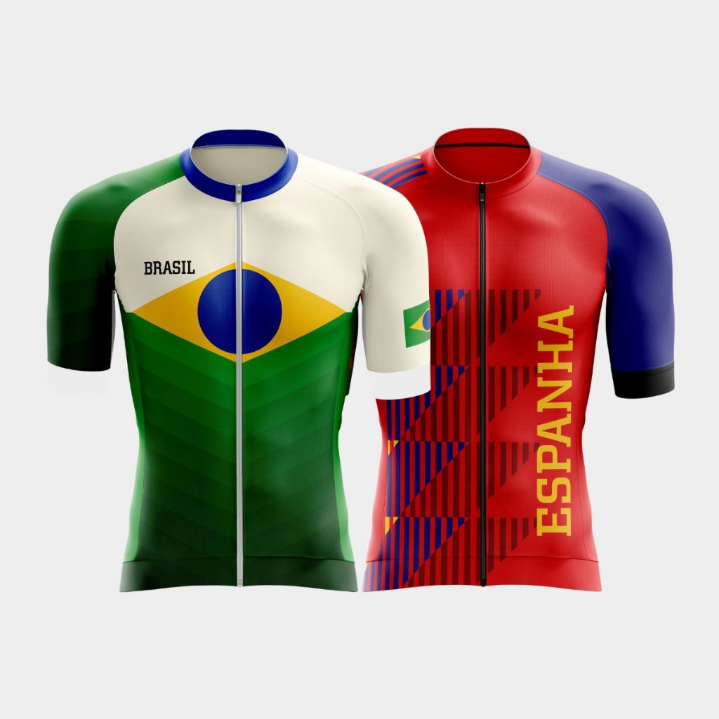 Kit 2 Camisa Ciclismo Masculina Zíper Total Copa do Mundo Bike Speed Mtb Seleções Brasil Proteção Uv