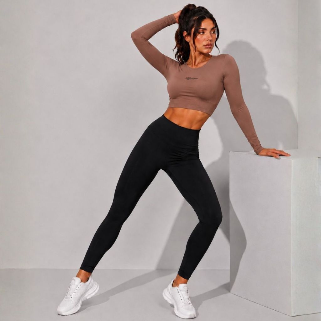 CONJUNTO Academia Feminino Top CROPPED Manga Longa + Calça LEGGING Poliamida Zero Transparência