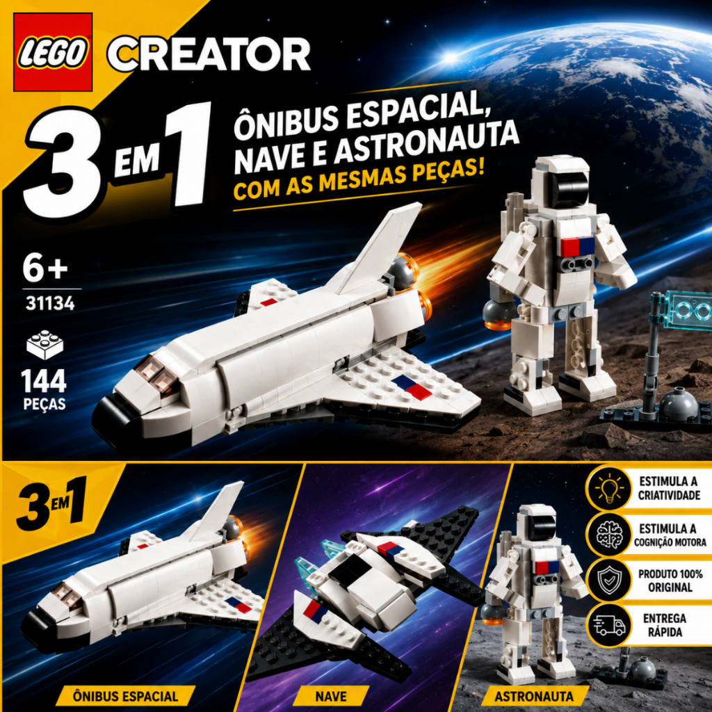 LEGO® Creator Ônibus Espacial, Astronauta E Nave 31134; Conjunto de Construção 3 in 1(144 Peças)