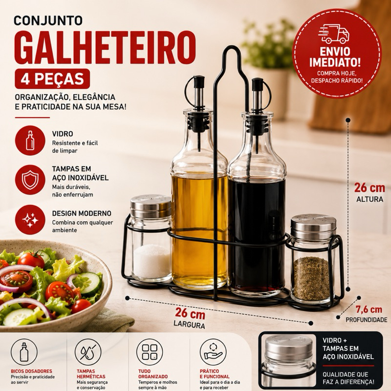 Kit Galheteiro Azeiteiro Porta Sal Pimenta Porta Condimentos Vidro Aço Inoxidável Luxo Premium