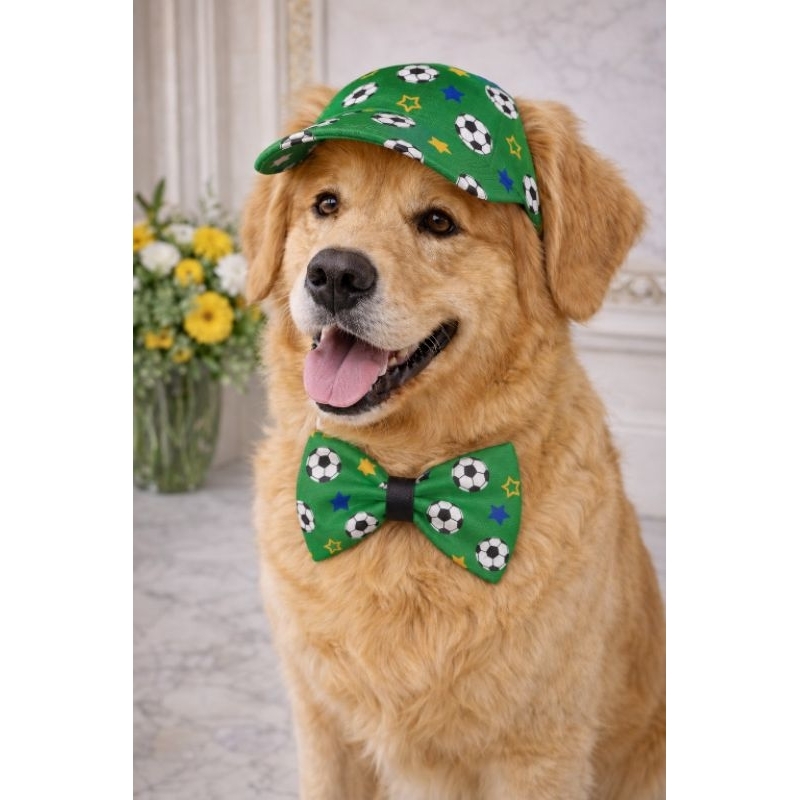 Boné Pet Verde Amarelo Copa + Gravata Borboleta Kit PP ao GG Chapéu para Cachorro e gato