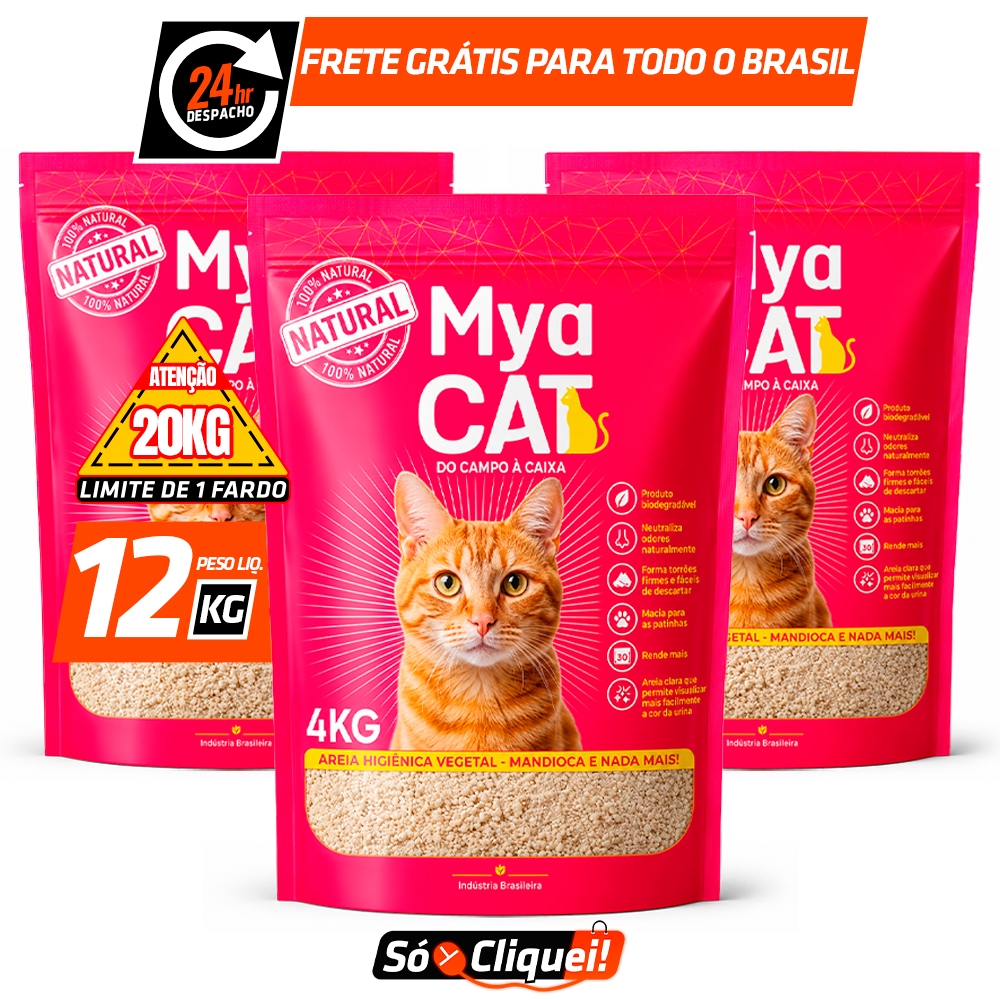 Kit 3 Pacotes Areia Sanitária Mandioca Mya Cat 12KG Granulado Higiênico de Gato Biodegradável Torrões Firmes Evita Odor