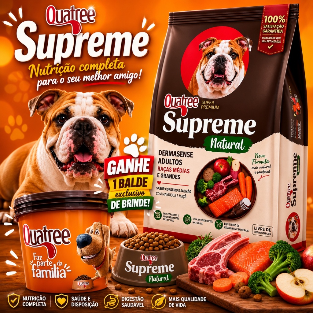 Quatree Supreme Dermato 15Kg + Balde - Quatree Cordeiro e Salmão Pele e Pelagem Super Premium Derma