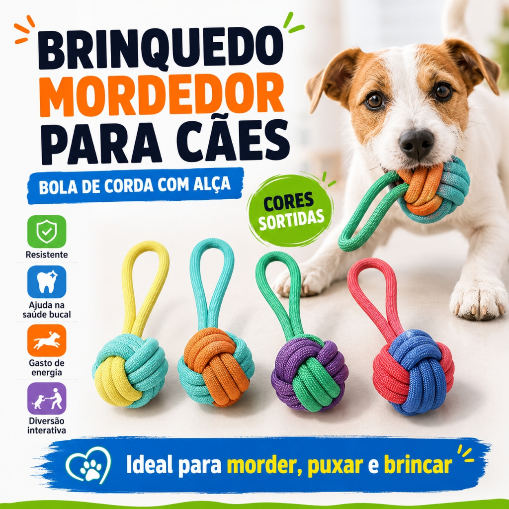 Brinquedo Mordedor Bola de Corda com Alça para Cachorro Pet Cores Sortidas