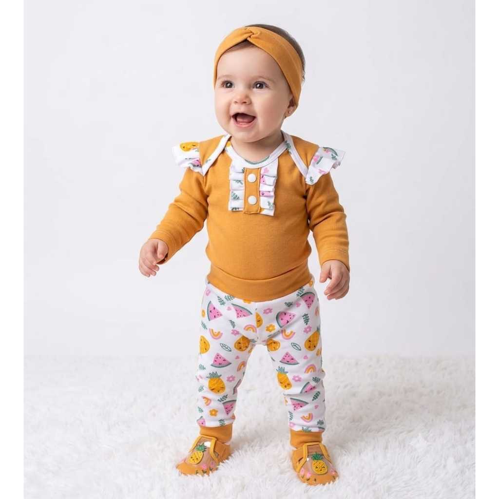 Conjunto Bebê Menina Calça Body Faixa de Cabelo Enxoval Macio Algodão Estilo Moda Infantil