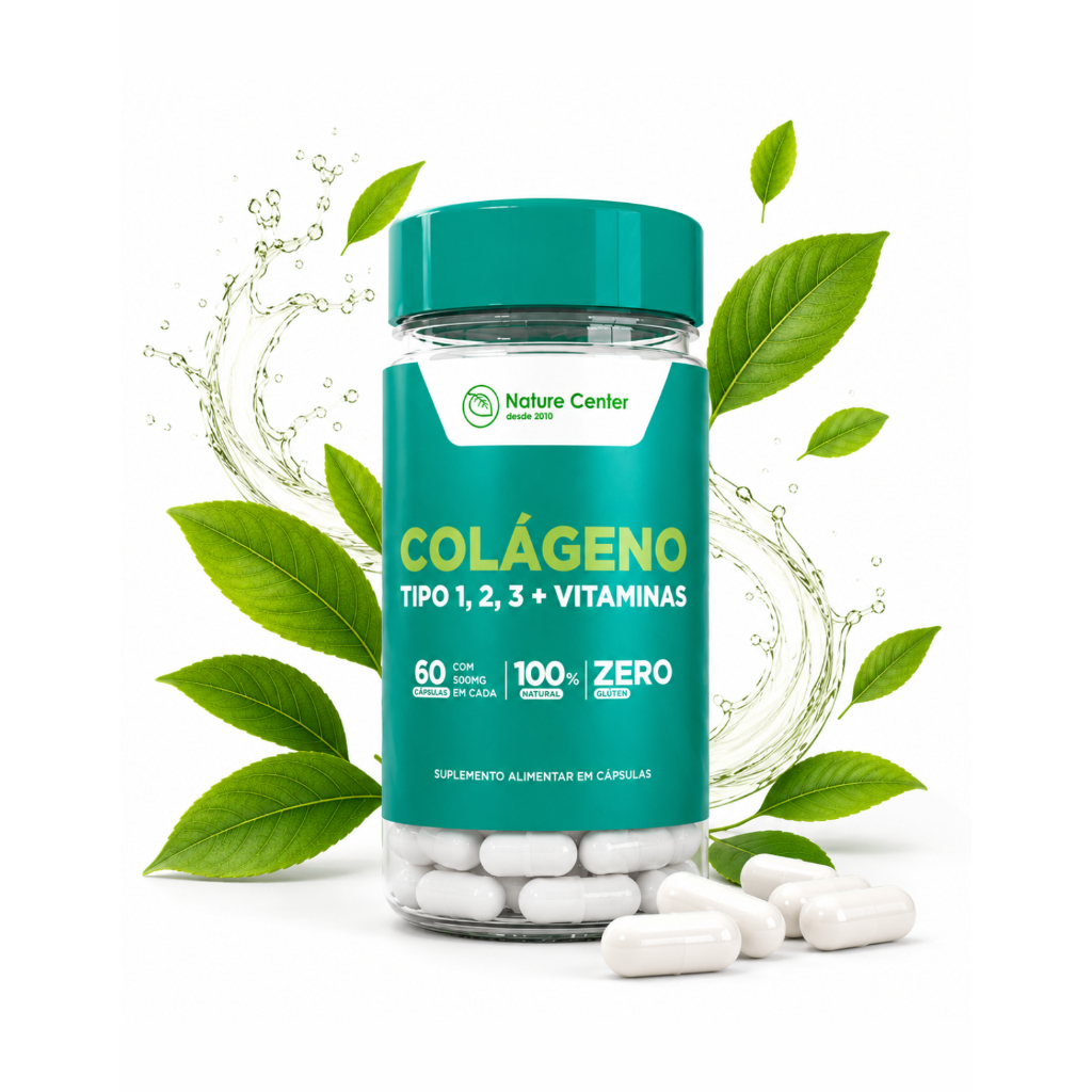 Suplemento Colágeno Tipo 1 2 3 Nature Center 60 Cápsulas Biotina Vitaminas C D Pele Cabelo Unhas Articulações