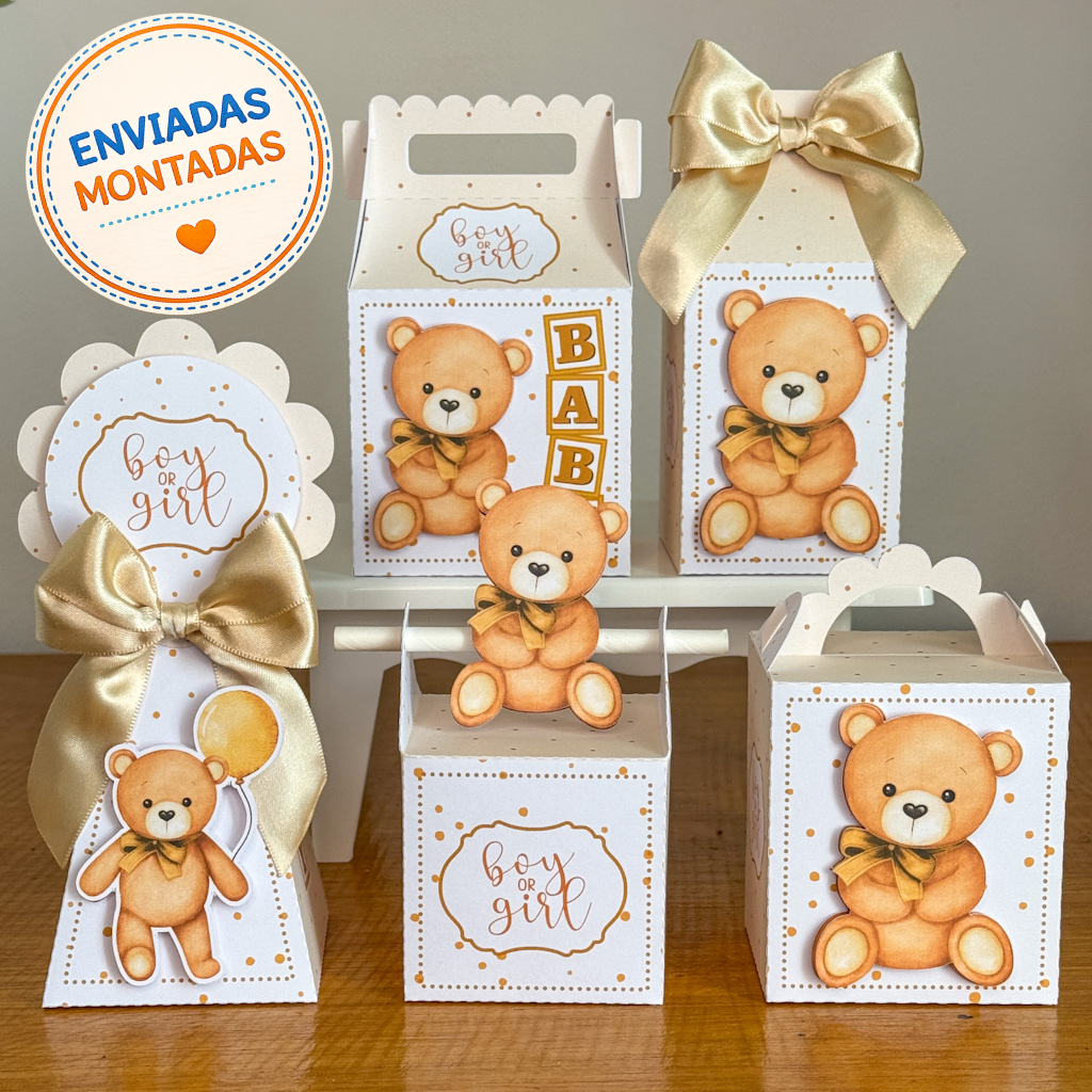 Kit Caixinhas Personalizadas Chá Revelação Ursinho Neutro - Lembrancinhas Festa Ursinho