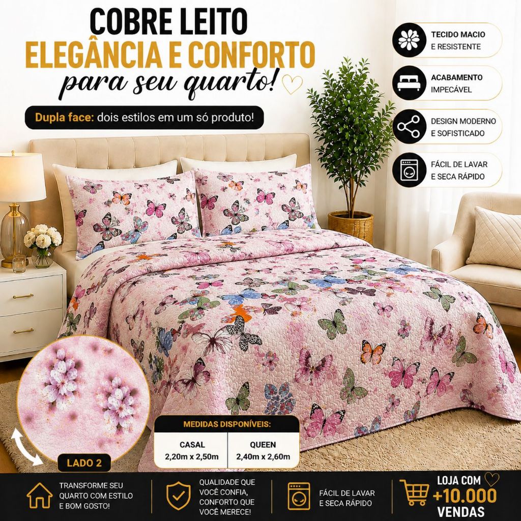 Kit Colcha Cobre Leito Casal Queen Dupla Face Matelado Toque De Algodão 2 Porta Travesseiros Fronhas Linha Luxo Premium