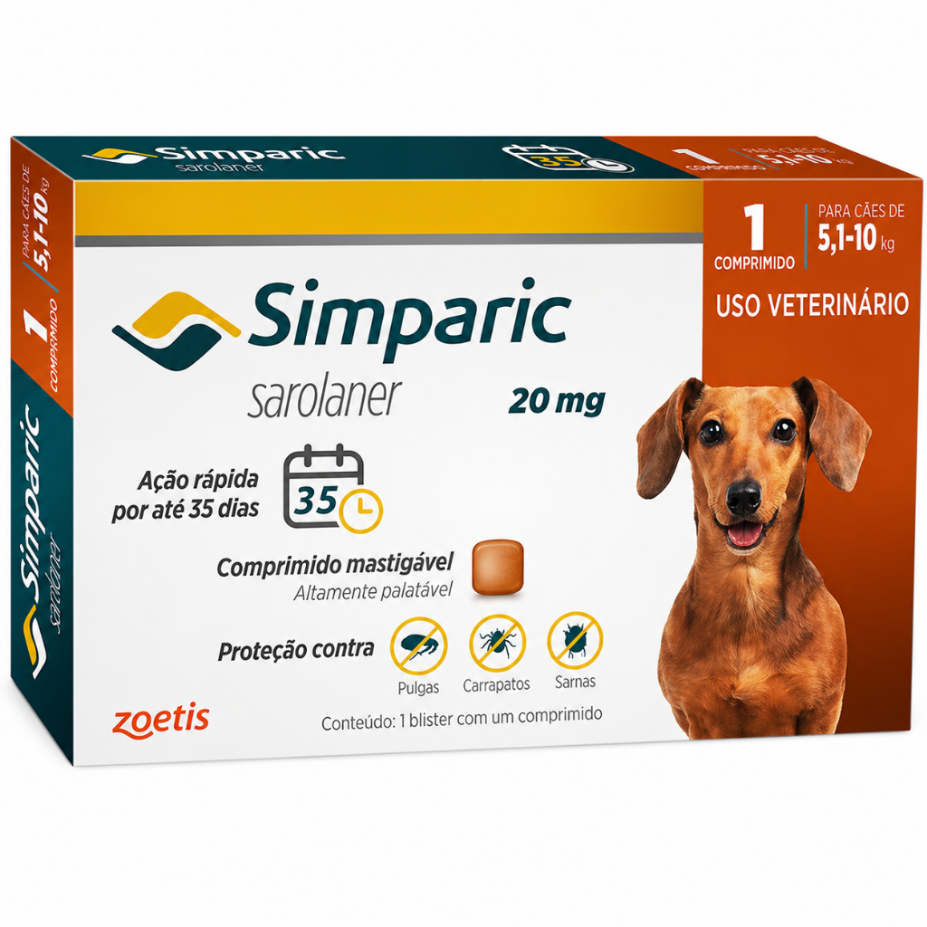 Simparic 20mg para Cães 5,1 a 10kg 1 ou 3 Comprimidos Antipulgas Carrapatos e Sarnas Zoetis Original