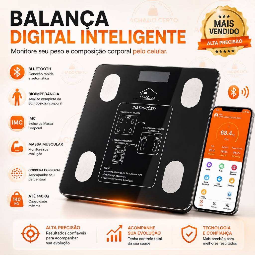 Balança Digital Inteligente Bluetooth 140kg Bioimpedância IMC Gordura Corporal Massa Muscular App