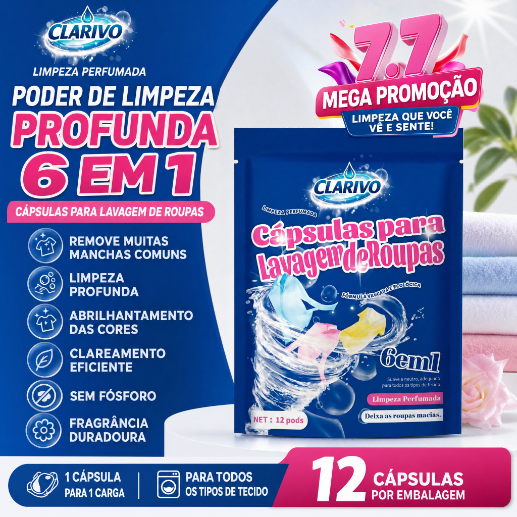 CLARIVO Cápsulas para Lavagem de Roupas 12 Unidades, Limpeza Profunda e Perfume Duradouro