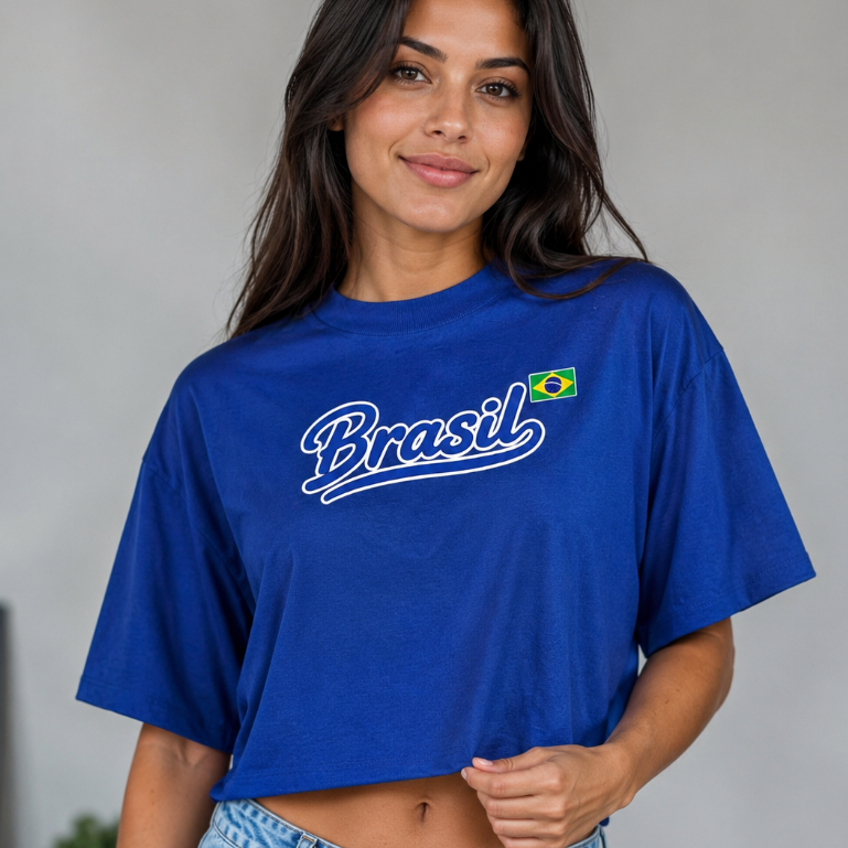 Cropped Amarelo Blusinha Baby Look Feminino Estampa Brasil Copa do Mundo Gola Redonda Algodão