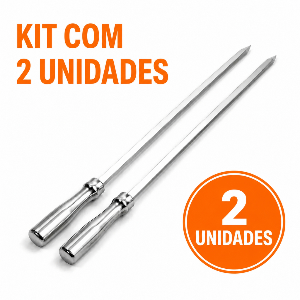 KIT 2 Espetos Unico Profissional Barra Chata Churrasco Cabo Aluminio Grill Churrasqueira 50cm