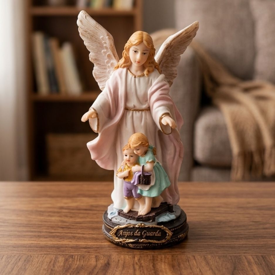 Estátua Anjo Da Guarda Crianças Em Resina 15 Cm Decorativa